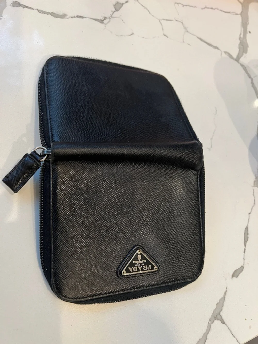 Prada Black Saffiano Leathet Zip Around Bifold Wallet
